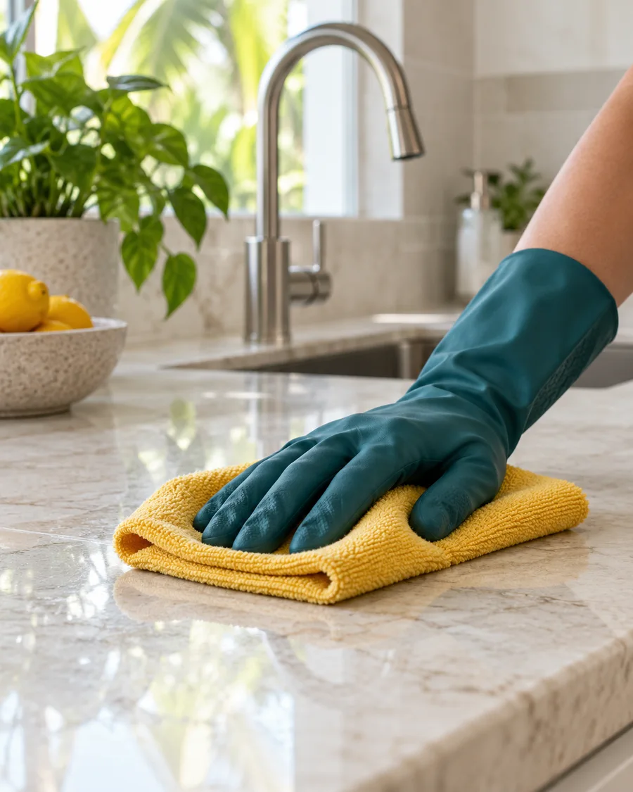 A teal-gloved hand wiping a kitchen worktop with a golden cloth