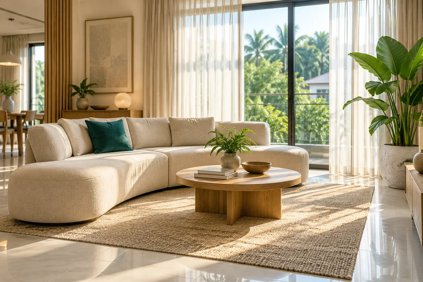 A bright, tidy living room with a cream sofa, oak table and tropical greenery